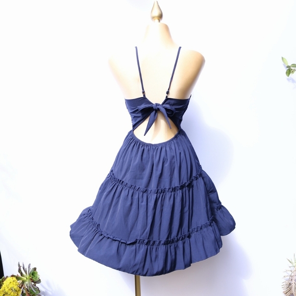 Navy Blue Spaghetti Strap Ruffle Mini Dress with Bow back, Small - Picture 5 of 12